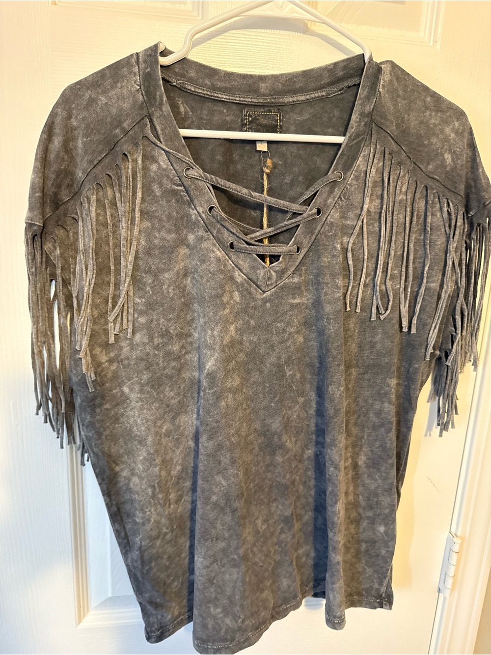 Women’s Gray Fringe Lace-Up V-Neck Top